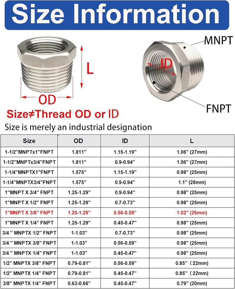 POTONZ 1" Male to 3/8" Female NPT Threaded Reducer Hex Bushing 304 Stainless Steel Reducing Adapter Pipe Fitting With Teflon Plumbers Tape(Pack of 2) - Image 2